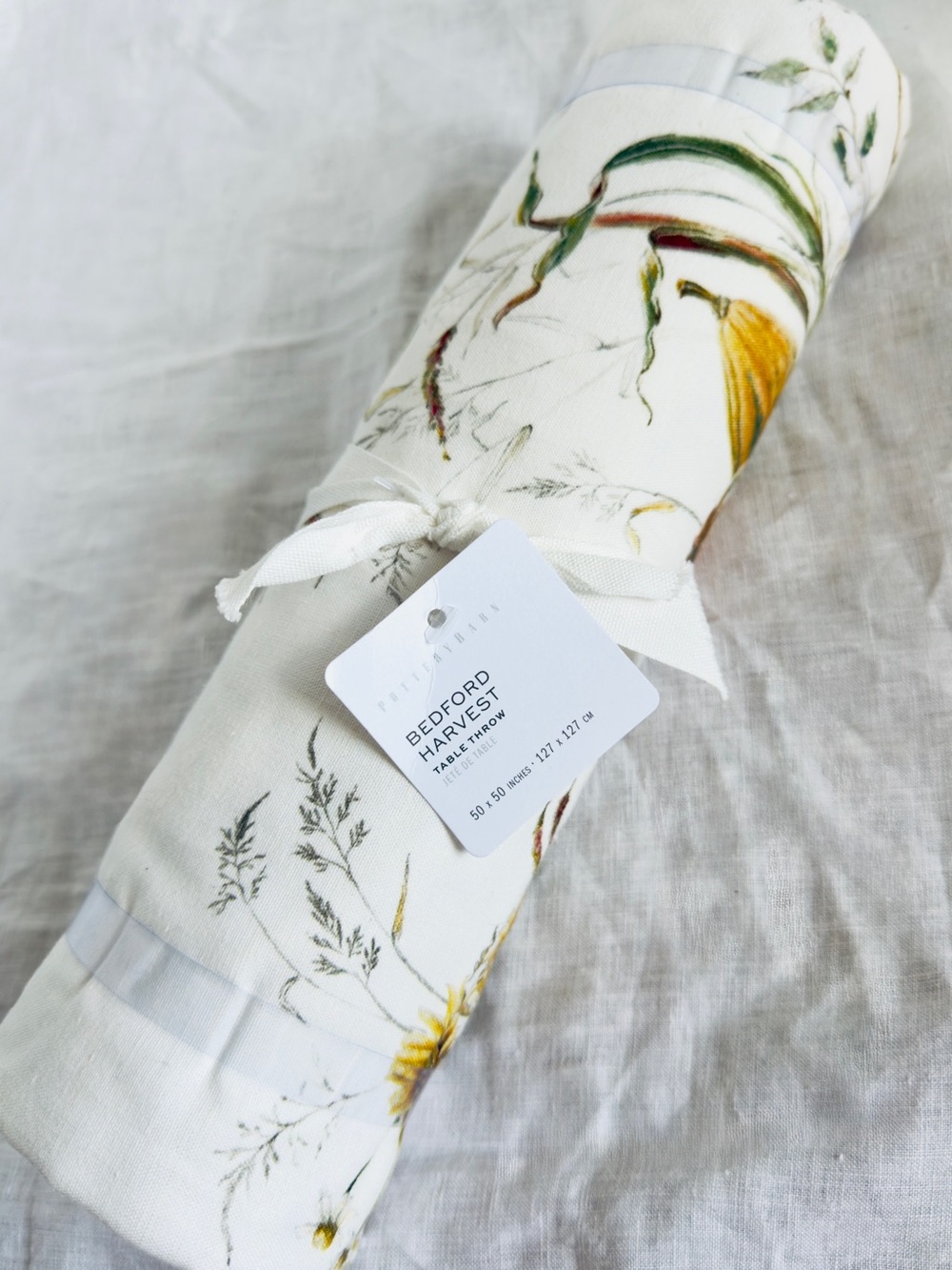 Pottery Barn Bedford Harvest Cotton Linen 50” sq Table Throw, NWT, Retail $99